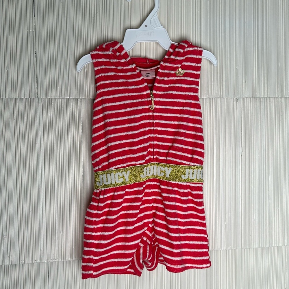 (5for$10) Juicy Couture Baby Romper- Red and White Striped with Hood/ 12m baby